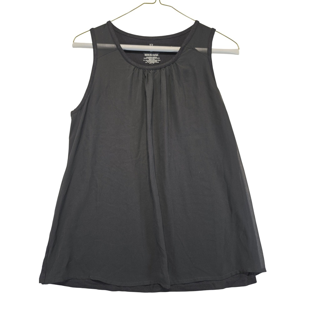 NY&C Black Chiffon Layered Pleated Sleeveless Blouse Tank Top Medium